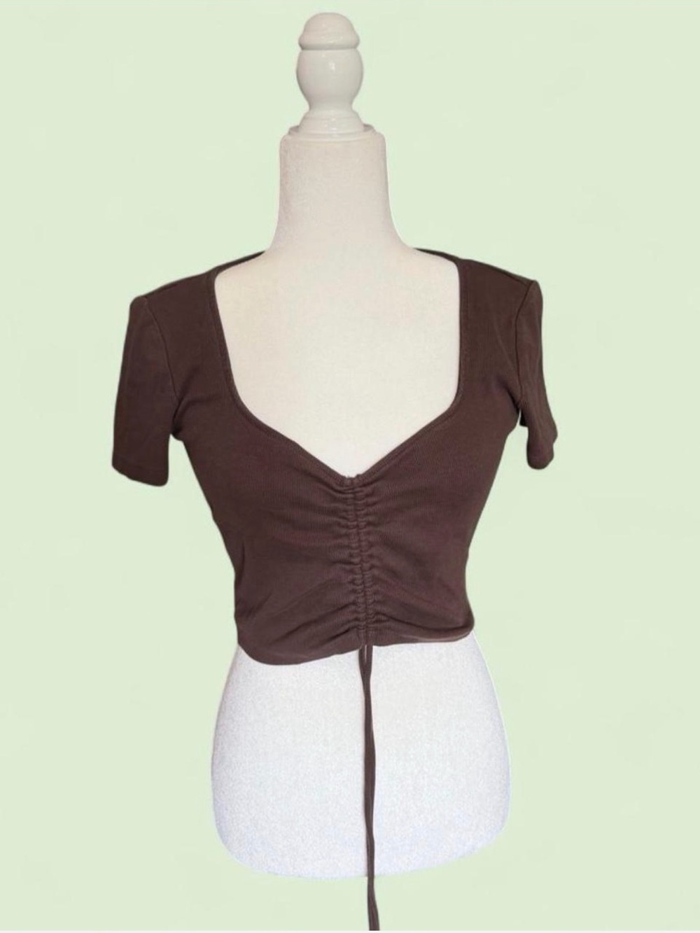 Zara Espresso Brown Ribbed V-Neck Crop Top with Ruched Front and Tie Detail